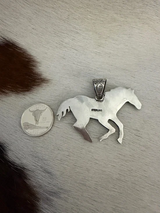 ❤️Kingman Turquoise Sterling Hand Stamped Statement Running Horse Pendant 2.41”W - Picture 8 of 12